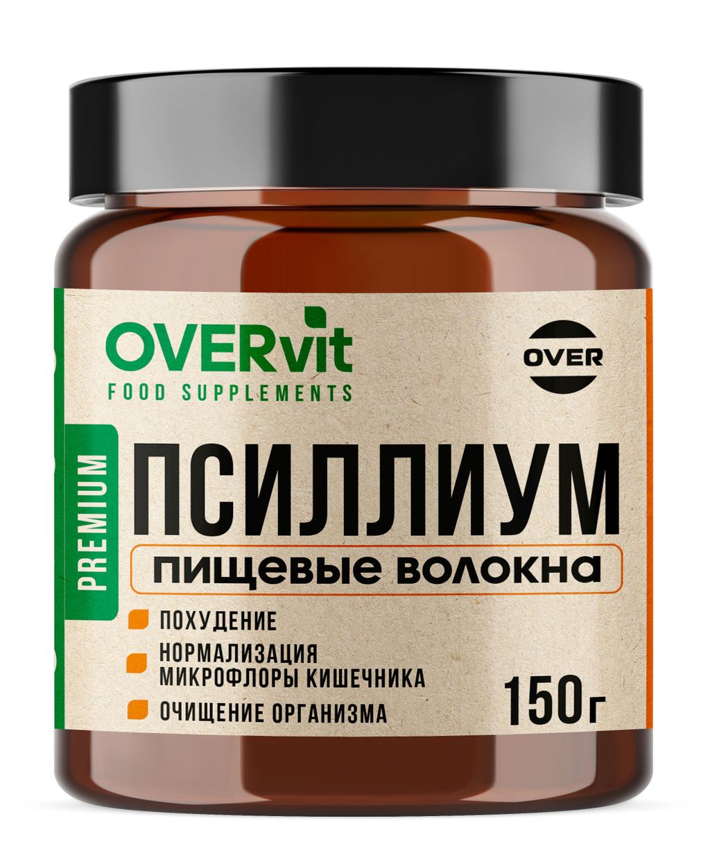 фото упаковки Overvit Псиллиум шелуха семян подорожника, пищевые волокна, для похудения, для очищения организма, нормализация микрофлоры кишечника