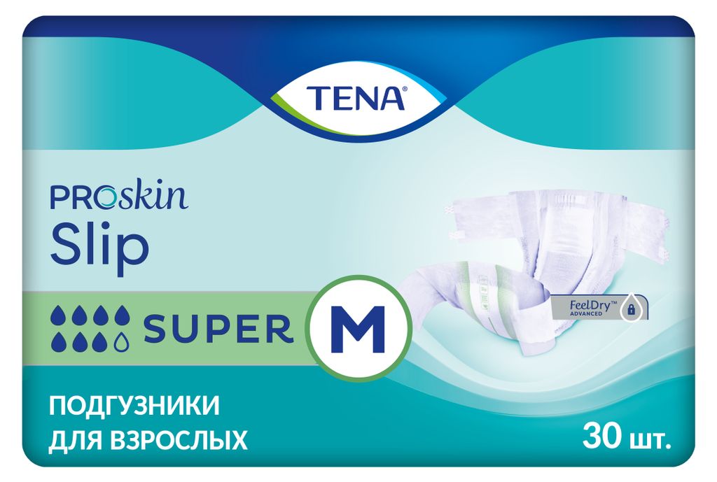 фото упаковки Подгузники для взрослых дышащие Tena Slip Super, Medium M (2), 80-122 см, 30 шт. фото упаковки Подгузники для взрослых дышащие Tena Slip Super