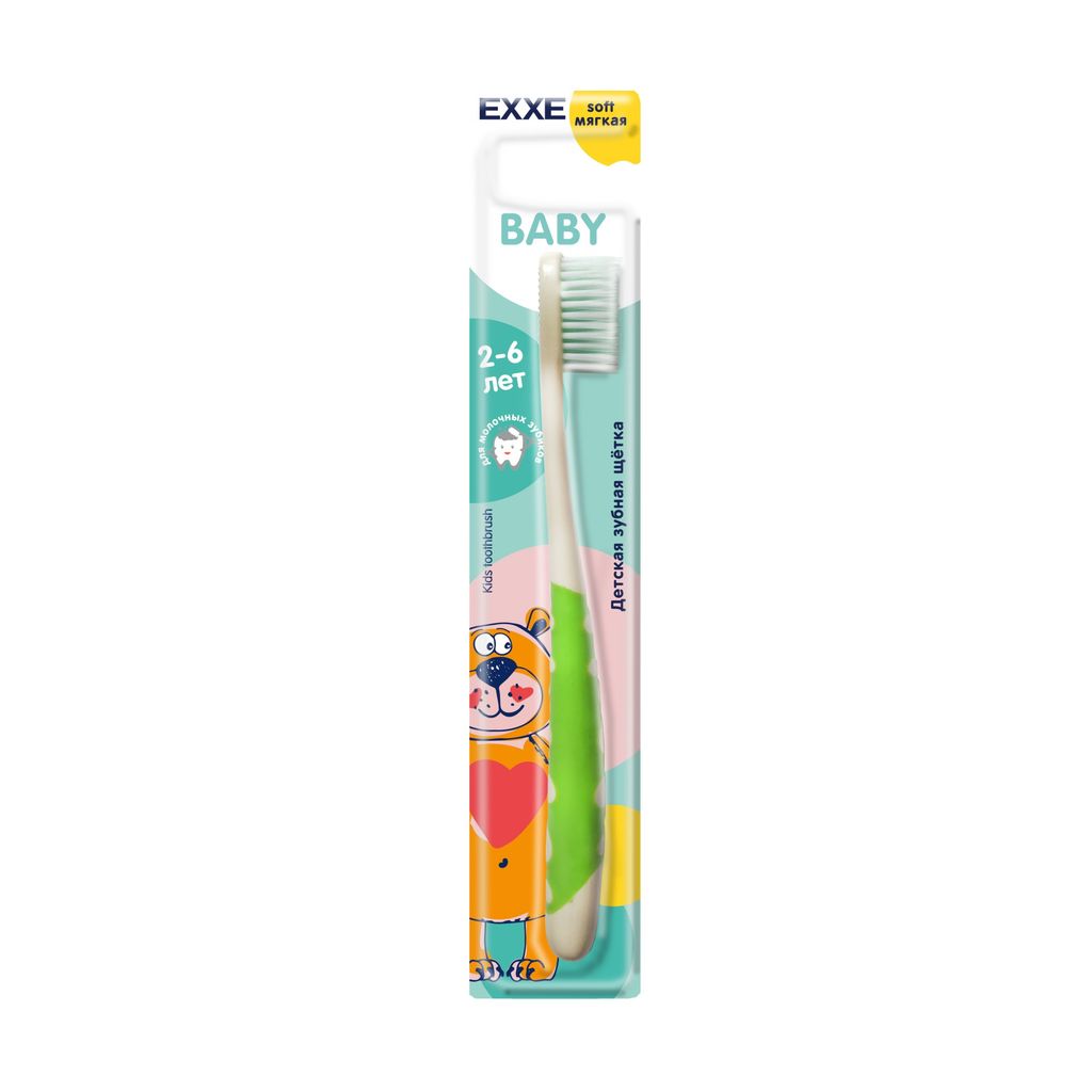 фото упаковки Exxe Baby Зубная щетка детская 2-6 лет, цвета в ассортименте, щетка зубная, мягкая, 1 шт. фото упаковки Exxe Baby Зубная щетка детская 2-6 лет