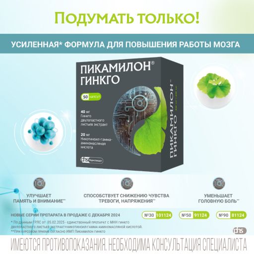 Пикамилон Гинкго, 20 мг+40 мг, капсулы, 50 шт.