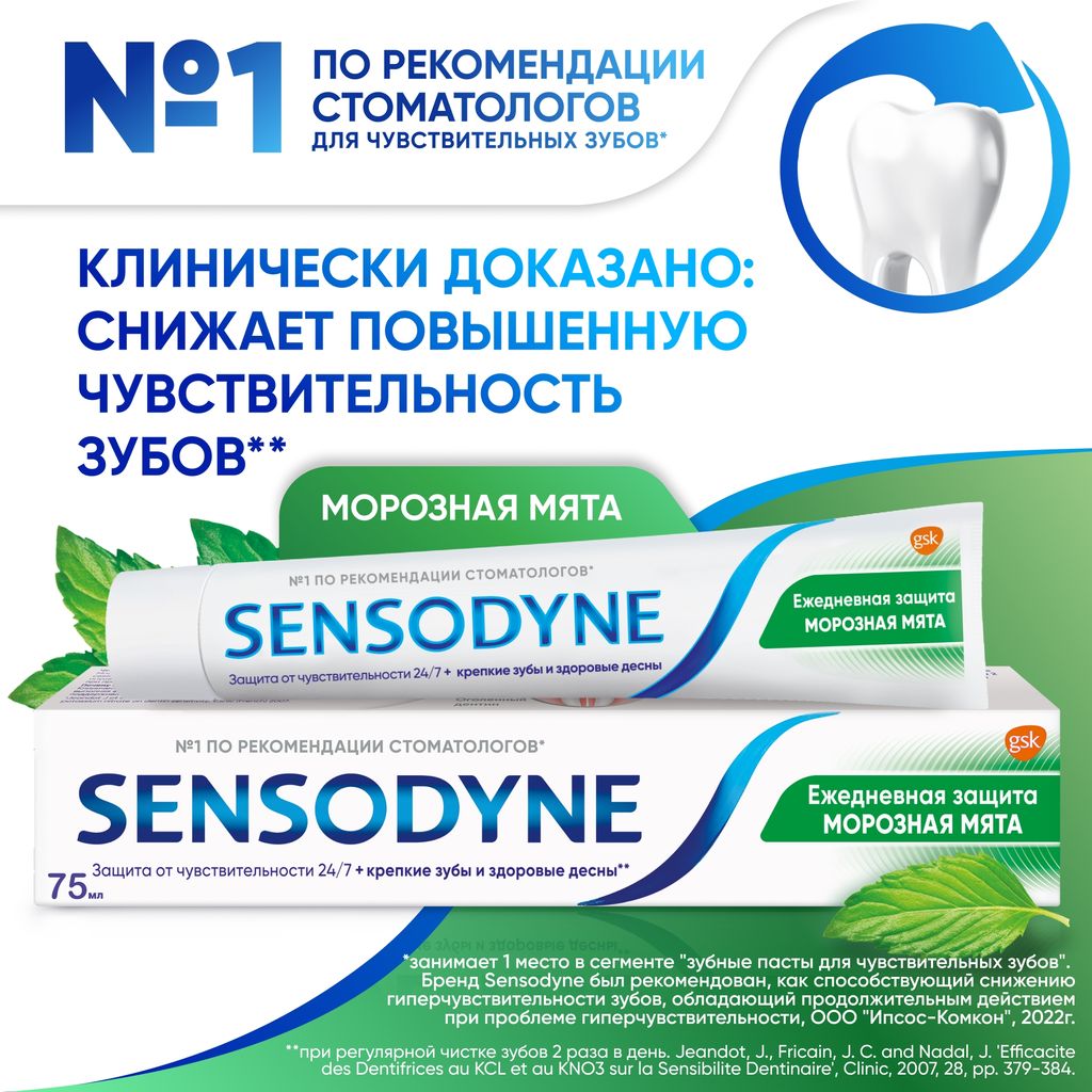 Зубная паста Sensodyne Ежедневная Защита Морозная мята, паста зубная, 75 мл, 1 шт.