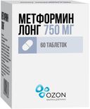 Метформин лонг, 750 мг, таблетки пролонгированного действия, покрытые пленочной оболочкой, 60 шт.