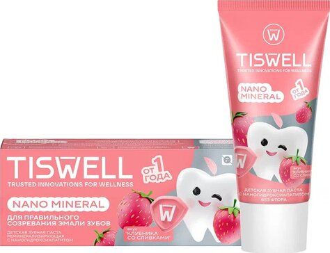 Tiswell Зубная паста детская реминерализующая с наногидроксиапатитом без фтора, для детей с 1 года, паста зубная, клубника со сливками, 60 г, 1 шт.