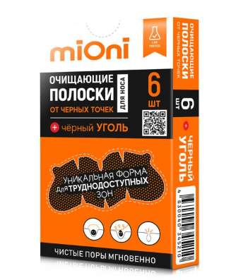 MiOni Полоски для носа от чёрных точек очищающие, черный уголь, 6 шт.